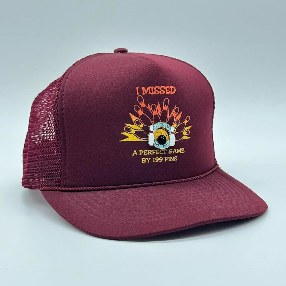 Vintage Bowling Trucker Hat & Pin Strike Funny Graphic SnapBack Flat Bill Maroon - Picture 1 of 9